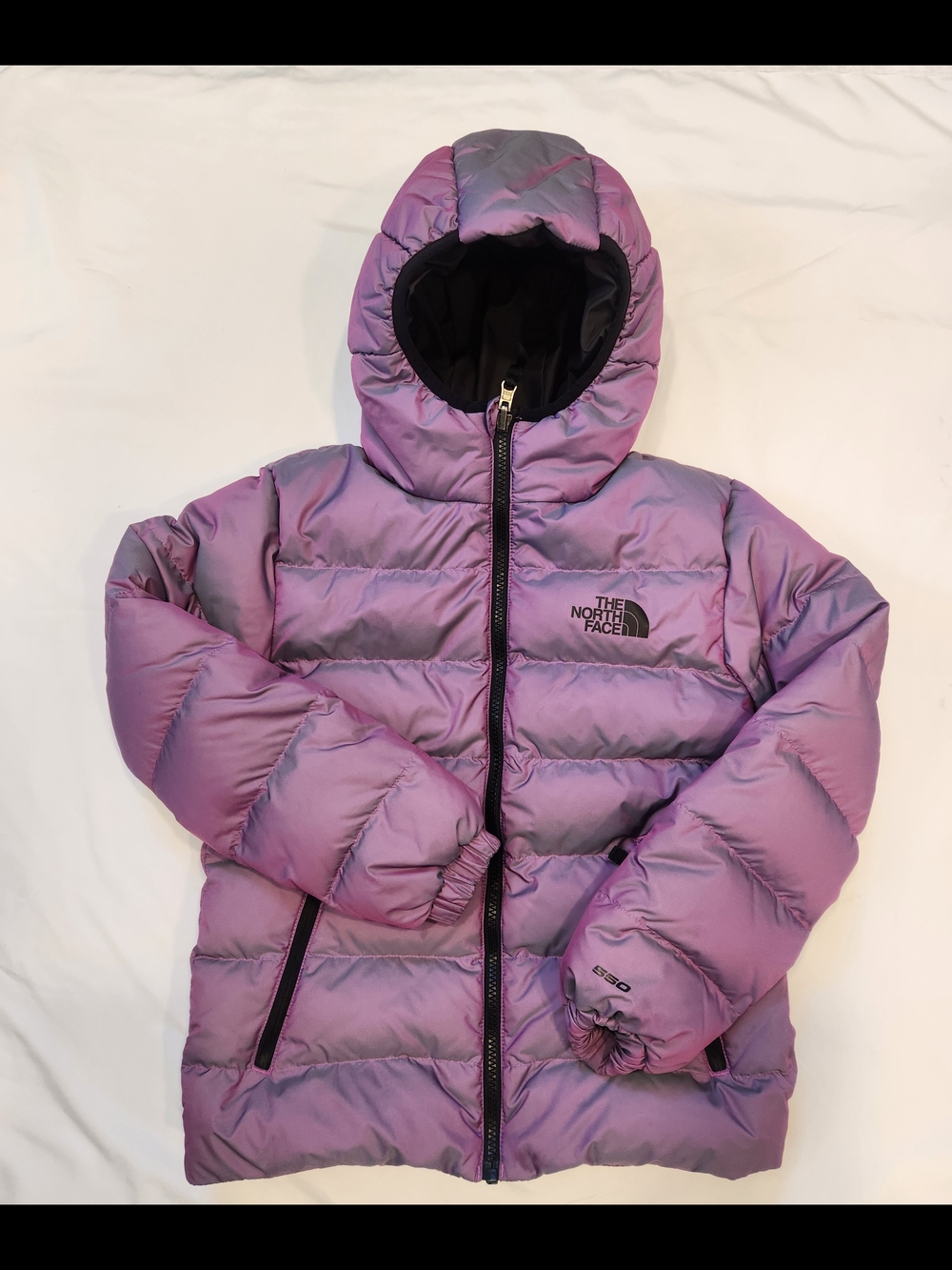The North Face Iridescent Purple Hooded Puffer Jacket